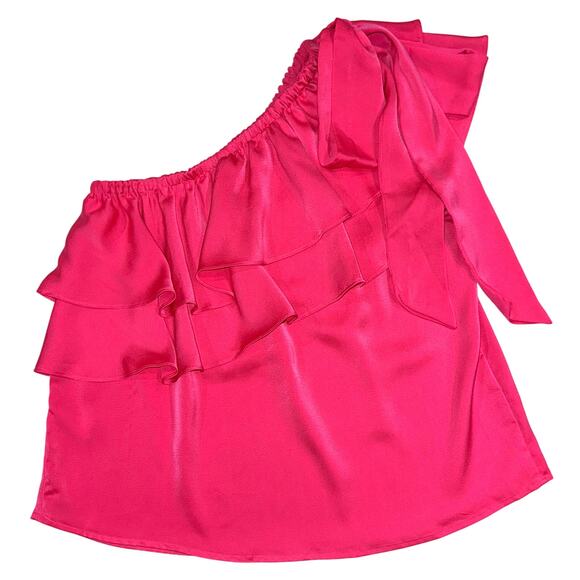CeCe Hot Pink Satin Ruffle Bow Tie One Shoulder Blouse Size S - Picture 8 of 10
